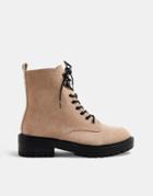Topshop Suede Lace Up Boots In Beige-neutral