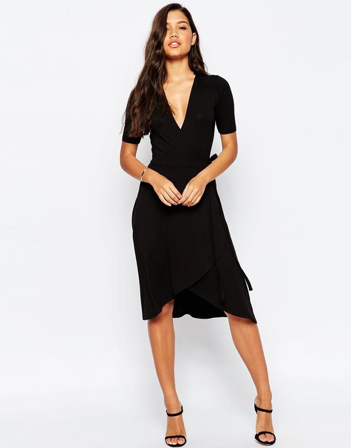 Asos Midi Tea Dress With Wrap Front - Black