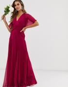 Asos Design Bridesmaid Flutter Sleeve Maxi Dress With Pleated Waist - Red