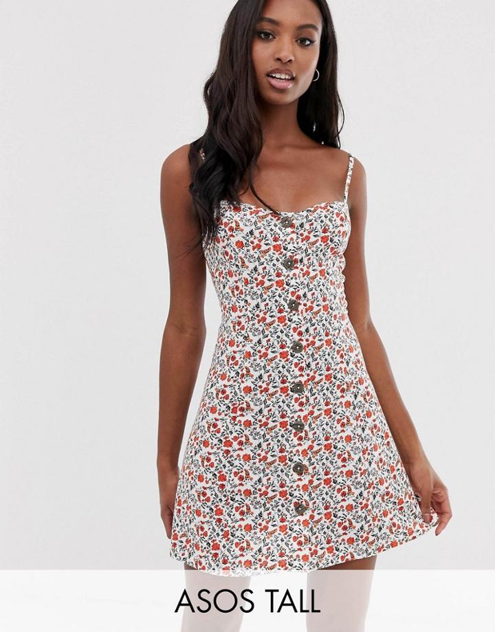 Asos Design Tall Mini Button Through Sundress In Ditsy Print - Multi