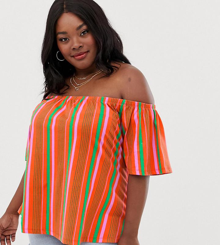 Asos Design Curve Off Shoulder Top In Bright Stripe-multi