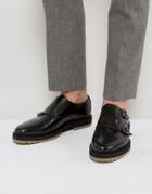 Asos Monk Shoes In Black Leather With Cleated Contrast Sole - Black