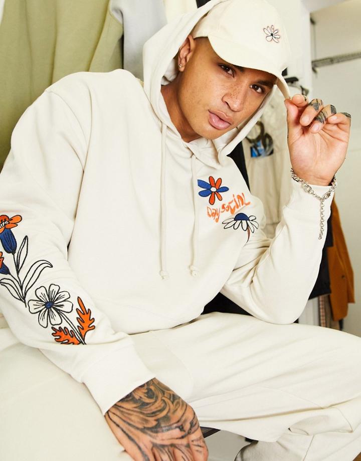 Asos Daysocial Oversized Hoodie With Floral Embroidery And Logo In Stone-grey