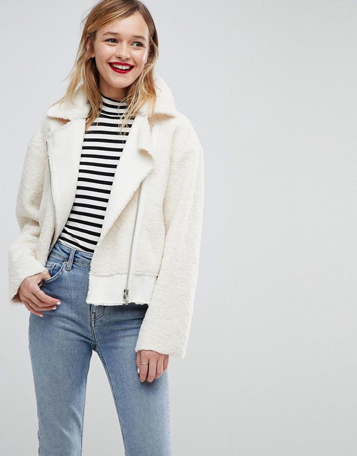 Asos Faux Leather Borg Biker Jacket - Cream