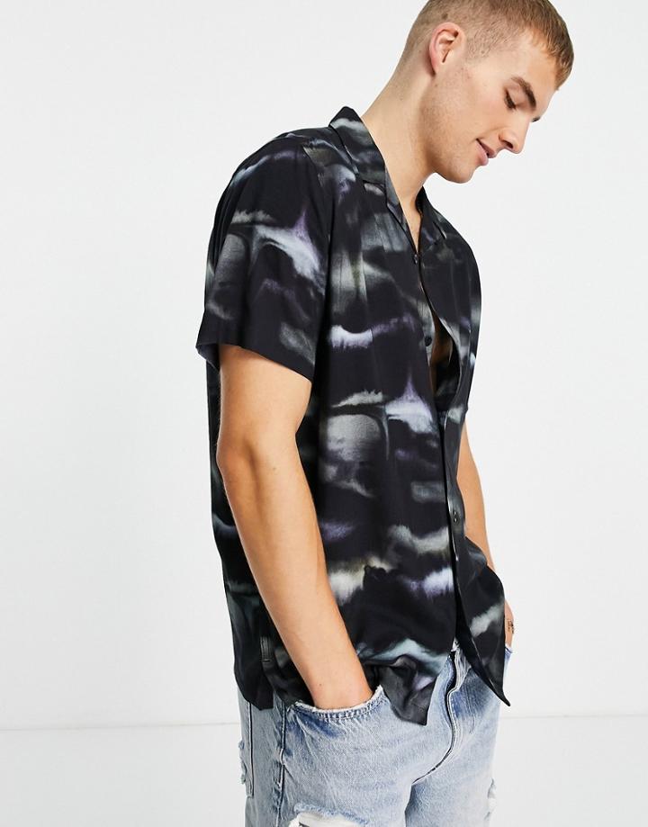 Topman Watercolor Print Shirt In Mono-black