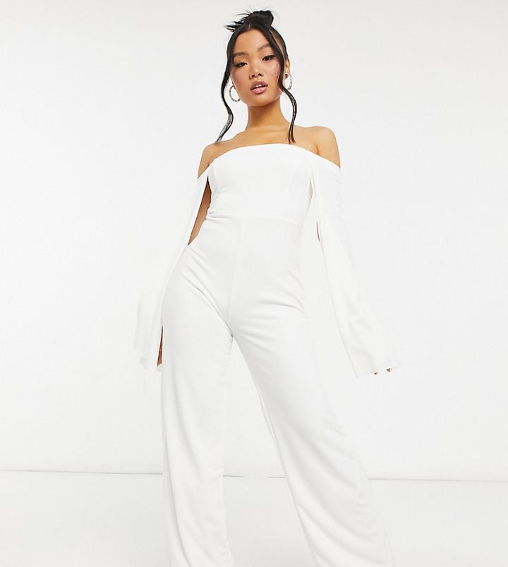 Club L London Petite Bardot Flared Sleeve Jumpsuit In White