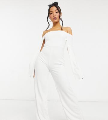 Club L London Petite Bardot Flared Sleeve Jumpsuit In White