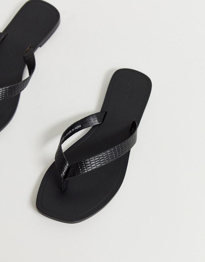 Asos Design Florence Leather Flip Flop Sandals In Black Croc - Black