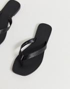 Asos Design Florence Leather Flip Flop Sandals In Black Croc - Black