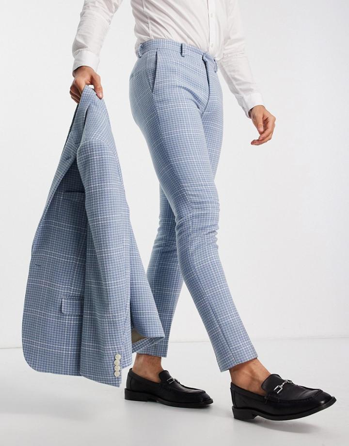 Asos Design Skinny Wool Mix Suit Pants In Light Blue Large Houndstooth Check