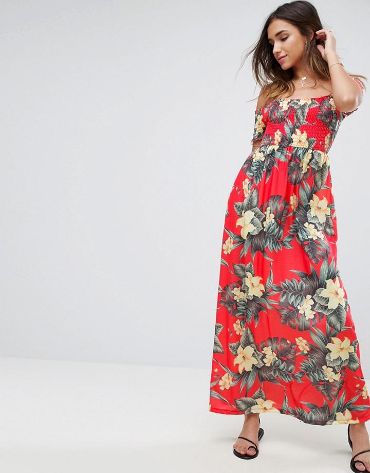 Asos Off Shoulder Maxi Sundress With Shirring In Hawaiian Print - Multi