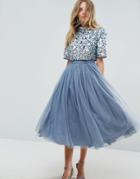 Asos High Neck Embellished Crop Top Tulle Midi Dress - Blue