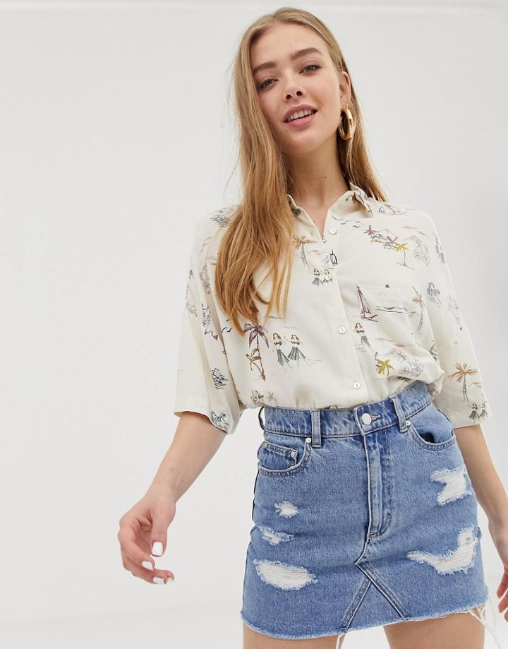 Pull & Bear Boxy Shirt In Hawaiian Print - White
