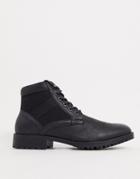 Asos Design Lace Up Boots In Black Faux Leather - Black