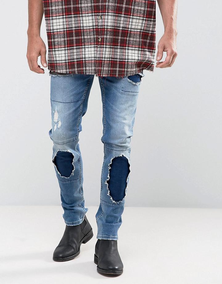 Asos Skinny Jeans In Vintage Mid Wash Blue With Rip & Repair - Blue