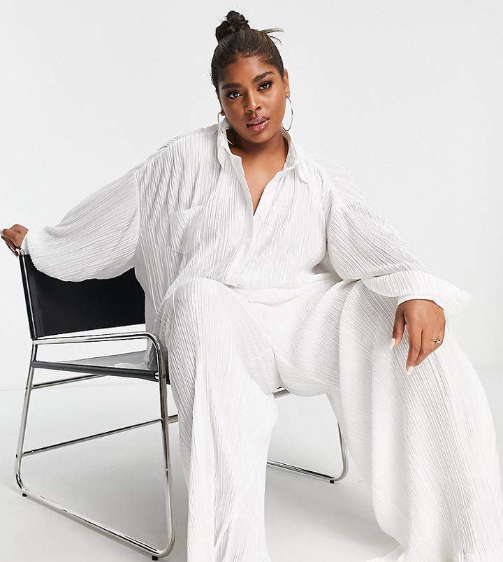 Public Desire Curve Plisse Oversized Shirt Set In Ecru-neutral