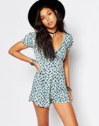 Motel Gladio Ruffle Front Romper In Gingham Floral - Blue