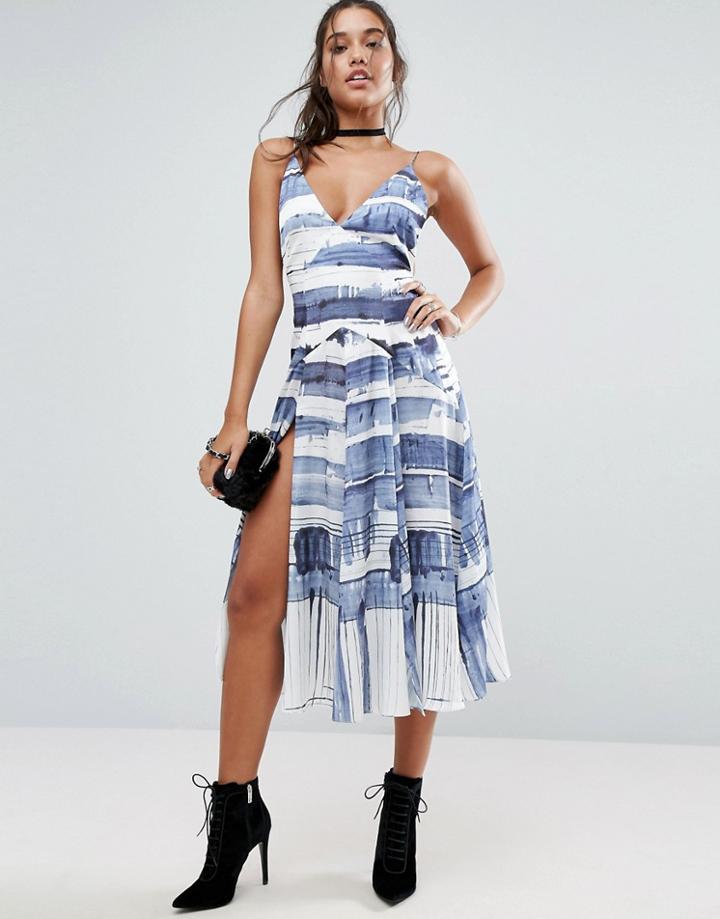 Asos Abstract Stripe Cami Thigh Split Paneled Midi Dress - Multi