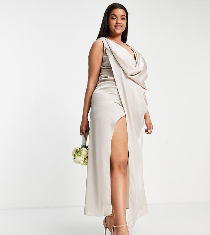 Tfnc Plus Bridesmaid Satin Wrap Maxi Dress In Mink-pink
