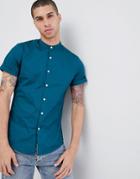 Asos Design Slim Shirt With Grandad Collar In Teal - Green