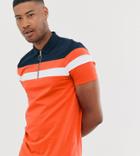 Asos Design Tall Polo Shirt With Zip Neck And Contrast Panels In Orange - Orange