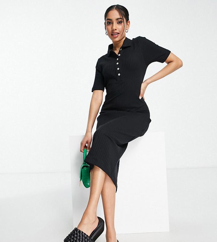 Asos Design Petite Midi Short Sleeve Ribbed Polo Dress In Black