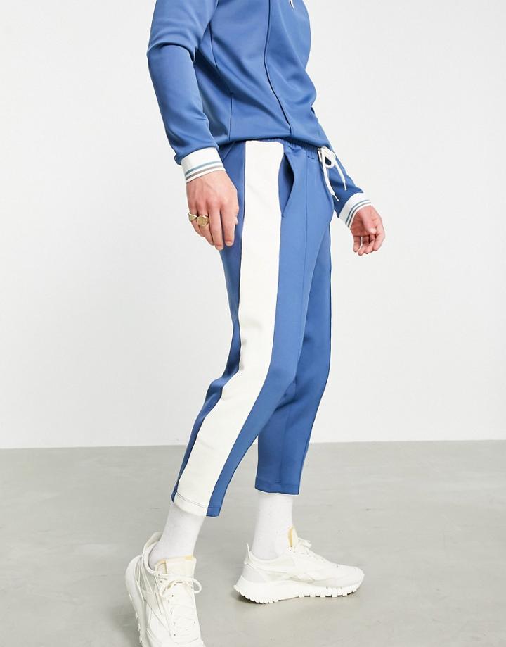 Asos Design Tapered Sweatpants In Scuba With Fixed Hem & Side Stripe - Part Of A Set-blues