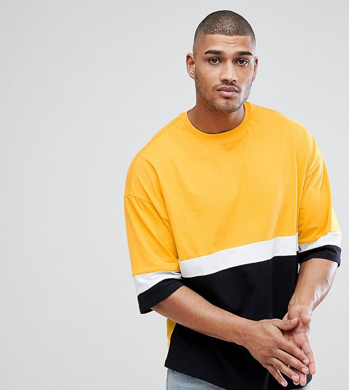 Asos Design Tall Longline Oversized T-shirt With Color Blocking With Yellow - White