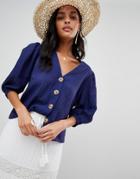 Moon River Button Front Blouse - Navy