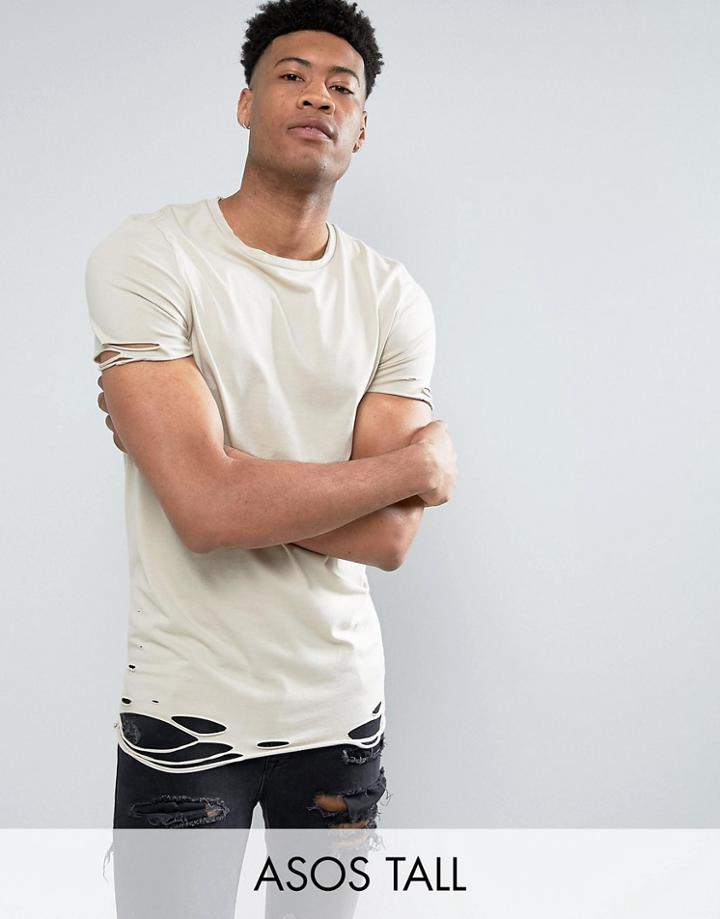 Asos Tall Longline Muscle T-shirt With Slash Distress In Beige - Beige