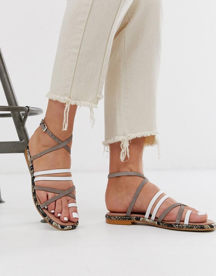 Asos White Buttercup Leather Strappy Flat Sandals In White And Gray - Multi