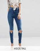 Asos Tall Ridley Skinny Jeans In Roy Dark Stonewash With Busted Knees - Blue