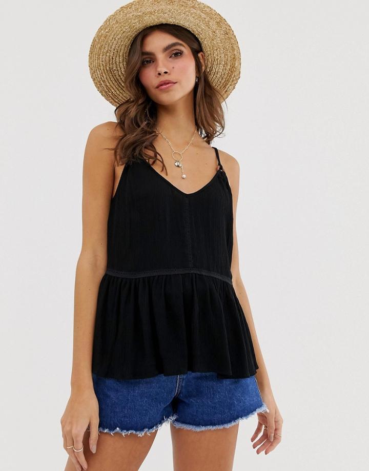 Asos Design Crinkle Cami With Lace Inserts And Ring Detail Sun Top-black