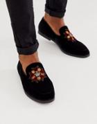 Asos Design Loafers In Black Velvet With Badge Detail
