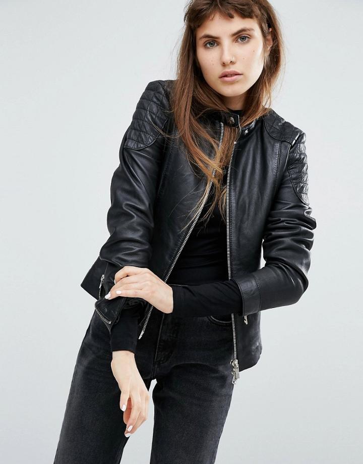Goosecraft Collarless Leather Jacket With Quilted Detail - Black