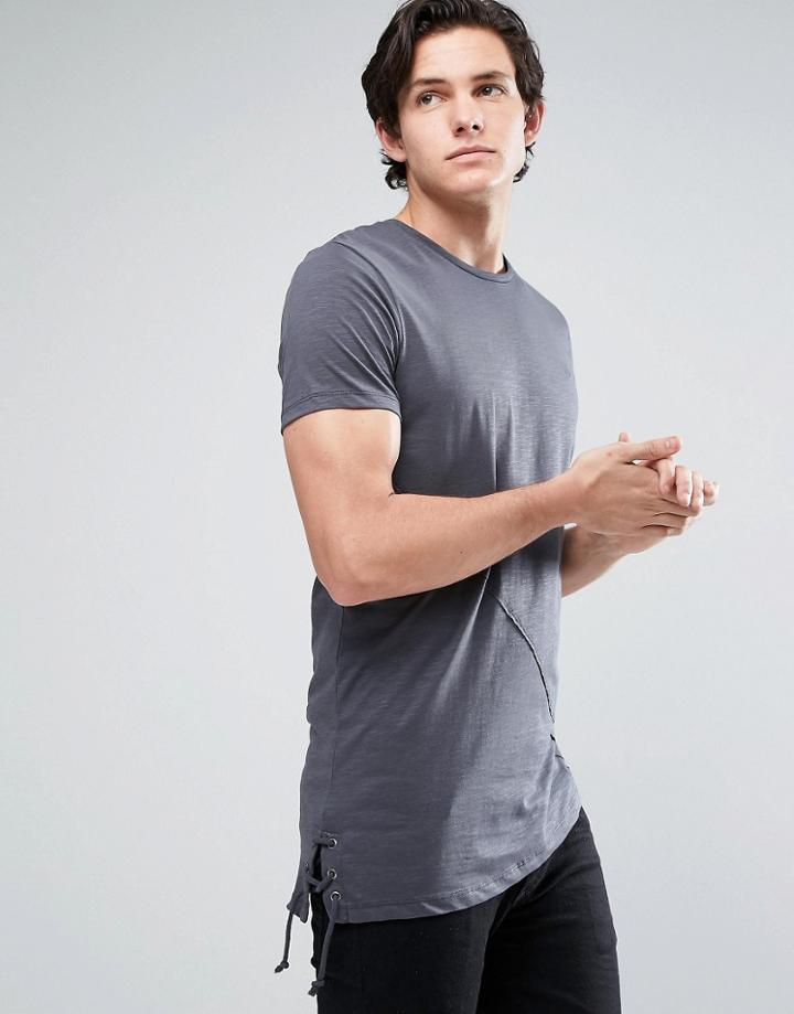 Jack & Jones Core Super Longline T-shirt With Asymetric Hem And Lace Up Detail - Gray