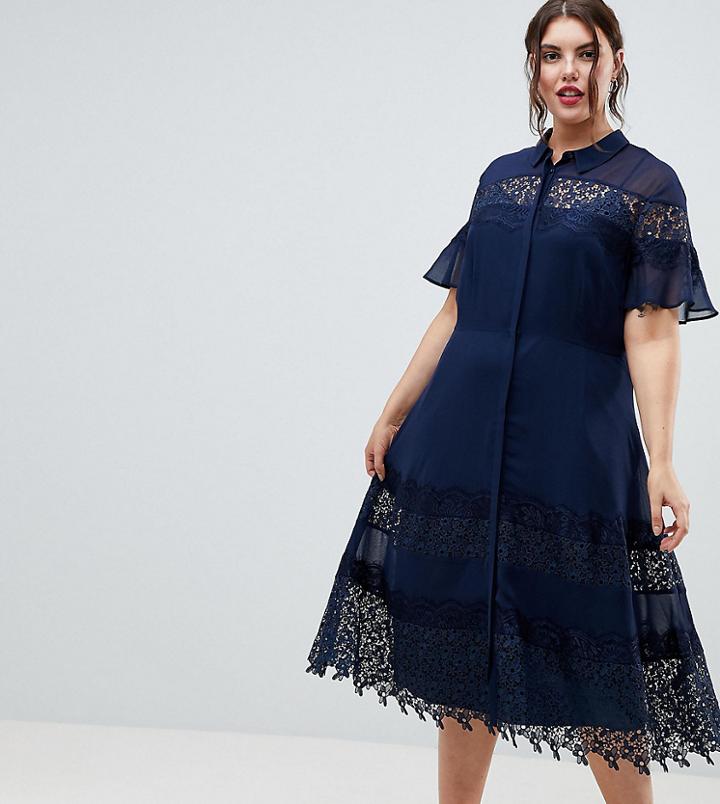 Asos Design Curve Exclusive Skater Lace Trim Shirt Dress - Navy