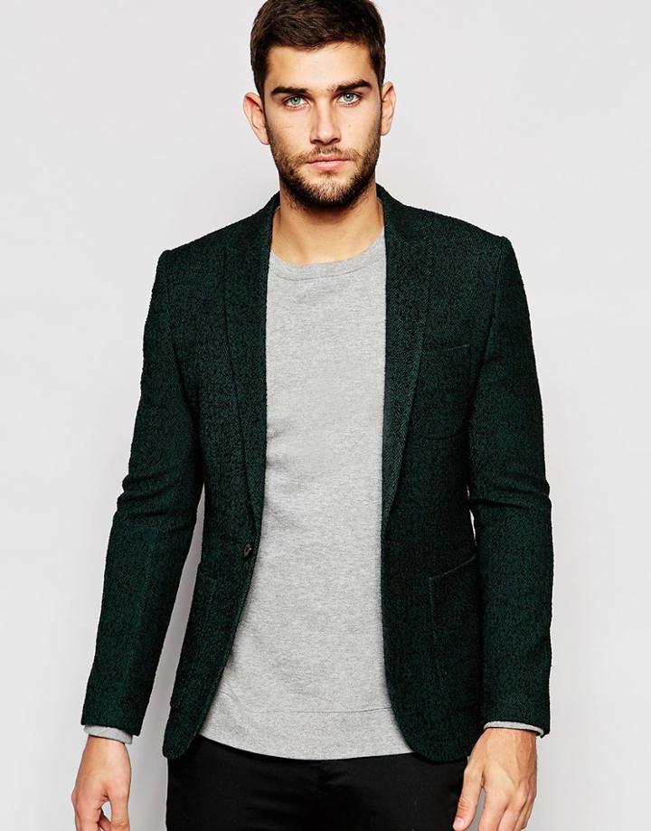 Asos Super Skinny Blazer In Green Herringbone - Green