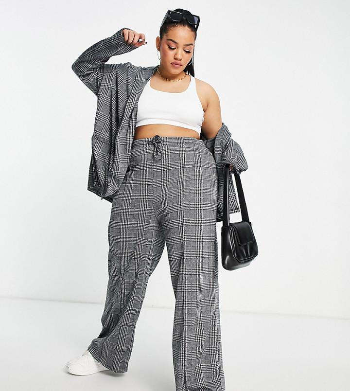 Asos Design Curve Jersey Slouch Wide Leg Pants In Prince Of Wales Check-multi