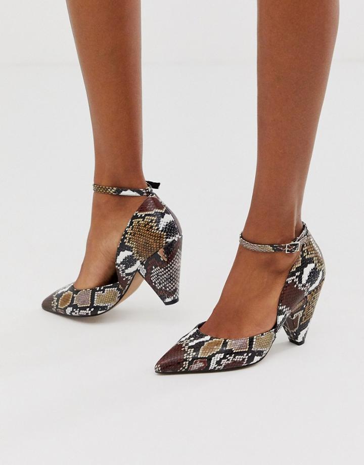 Asos Design Speak Out Pointed Mid-heels In Brown Snake - Multi