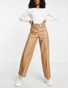 Pieces Faux Leather Wide Leg Pants In Camel-brown