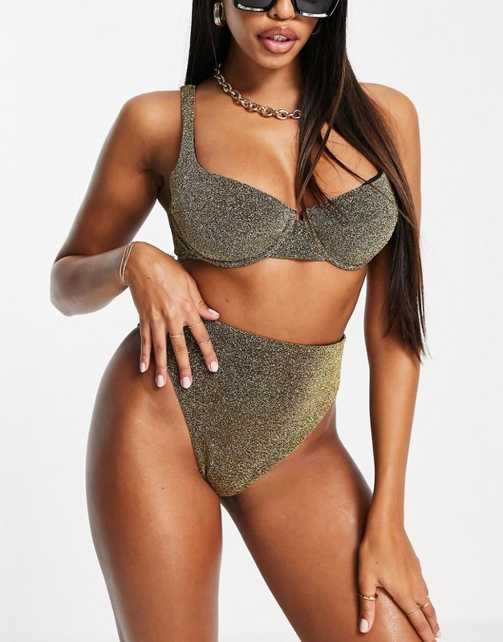 Asos Design Fuller Bust Step Front Underwire Bikini Top In Black-gold Glitter Dd-g