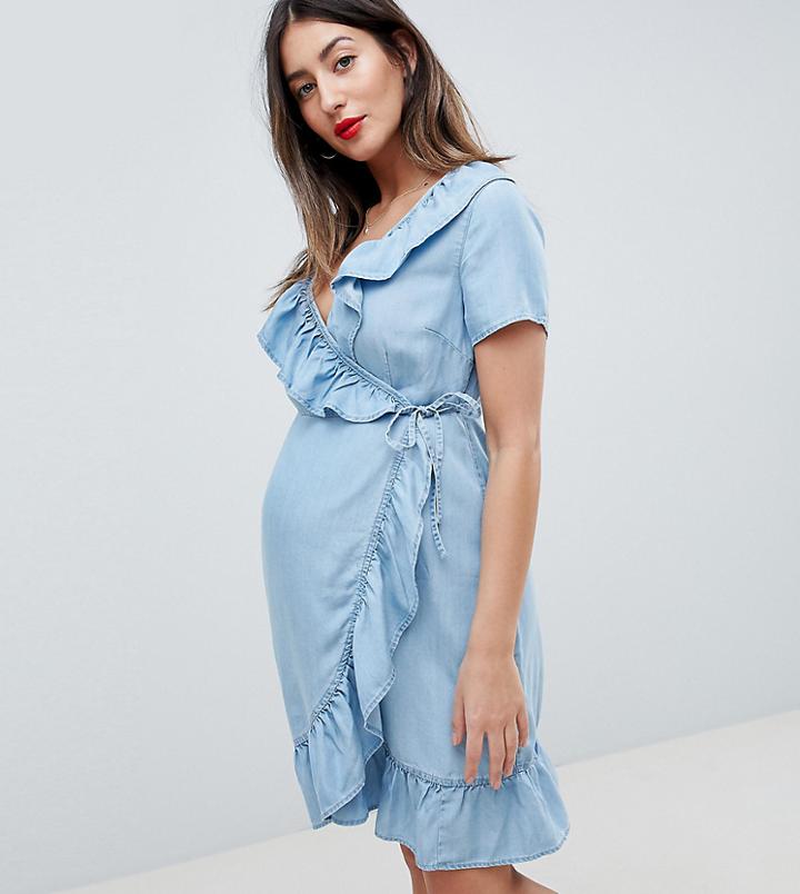 Asos Design Materntiy Denim Wrap Dress With Frill Detail In Midwash Blue - Blue