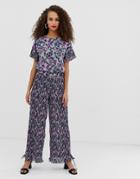 Pieces Adrianna Floral Print Plisse Wide Leg Pants-purple