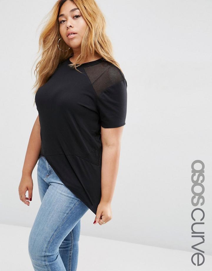Asos Curve Asymmetric T-shirt With Mesh Inserts - Black