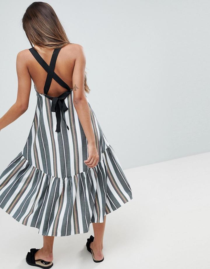 Asos Drop Hem Midi Trapeze Sundress In Stripe - Multi