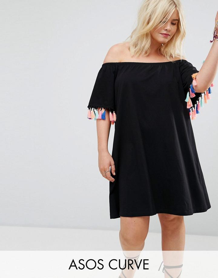 Asos Curve Off Shoulder Sundress With Multi Color Tassel Detail - Black