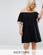 Asos Curve Off Shoulder Sundress With Multi Color Tassel Detail - Black