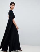 Club L Power Shoulder Cape Sleeves Detailed Slinky Wide Leg Jumpsuit - Black