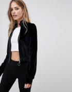 Asos Design Tracksuit Top In Velvet With Shirring And Zip - Black